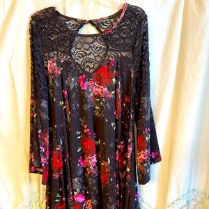 Black Floral Lace Bell Sleeve Dress